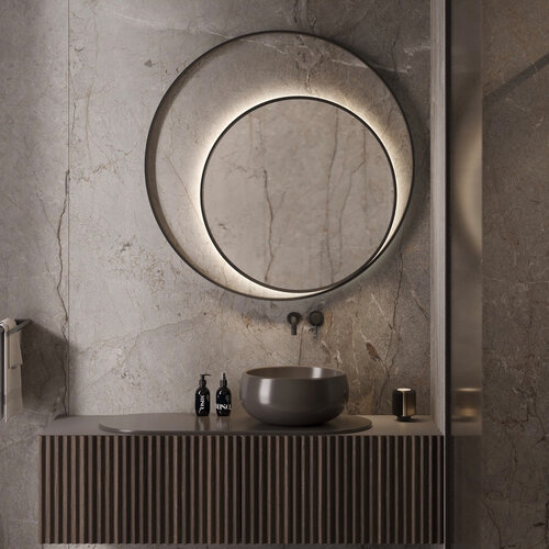 Designspiegel Martens Design Athene Rond met Frame en Indirecte LED Verlichting 90 cm Mat Zwart 