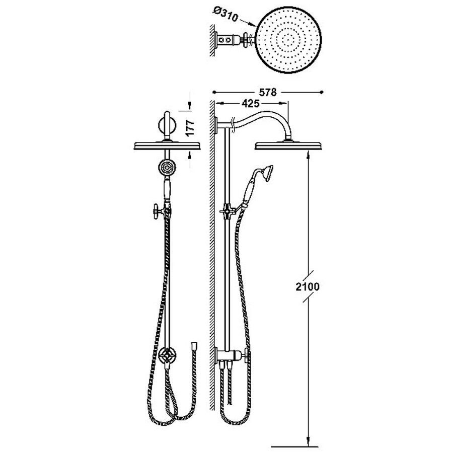 Regendoucheset Tres Opbouw Clasic Incl. Handdouche Kruisgreep Verouderd Messing