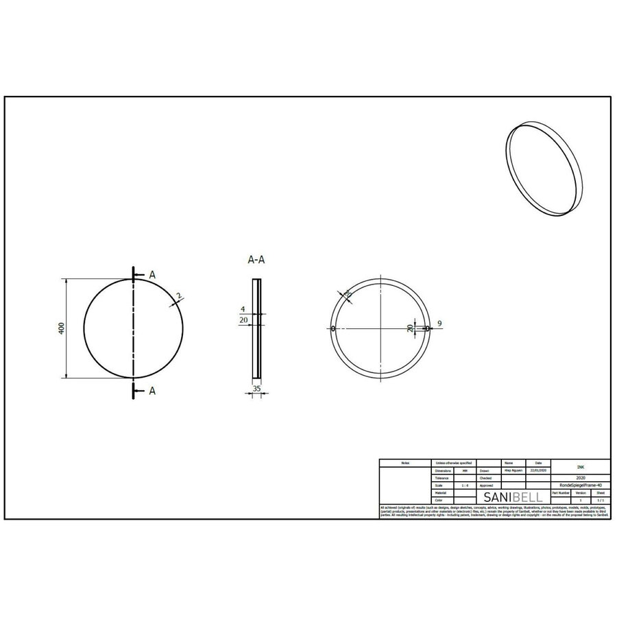 Ink Spiegel Rond Geborsteld RVS Aluminium Kader 40 x 3,5 cm