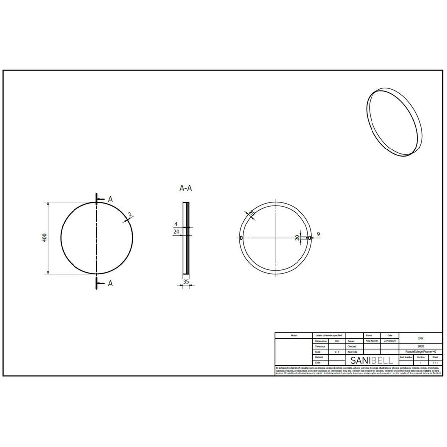 Ink Spiegel Rond Geborsteld Koper Aluminium Kader 40 x 3,5 cm