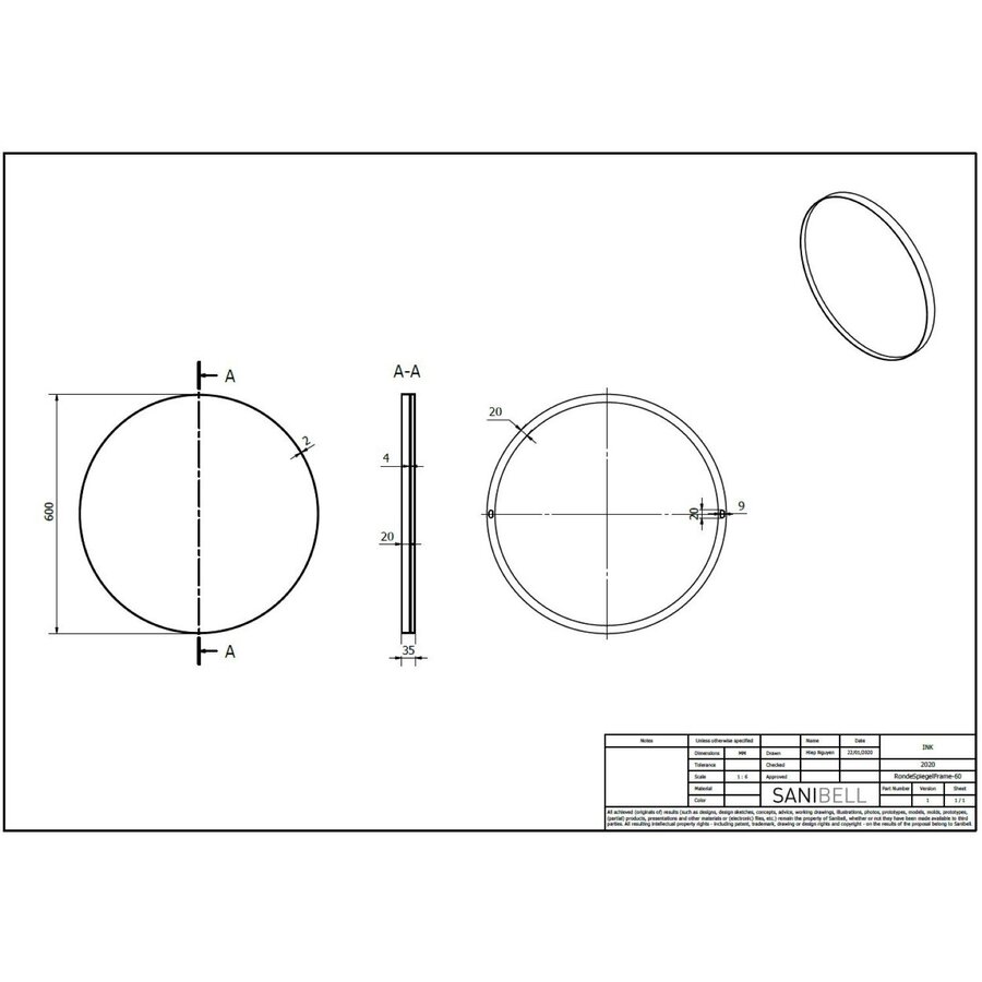 Ink Spiegel Rond Geborsteld RVS Aluminium Kader 60 x 3,5 cm