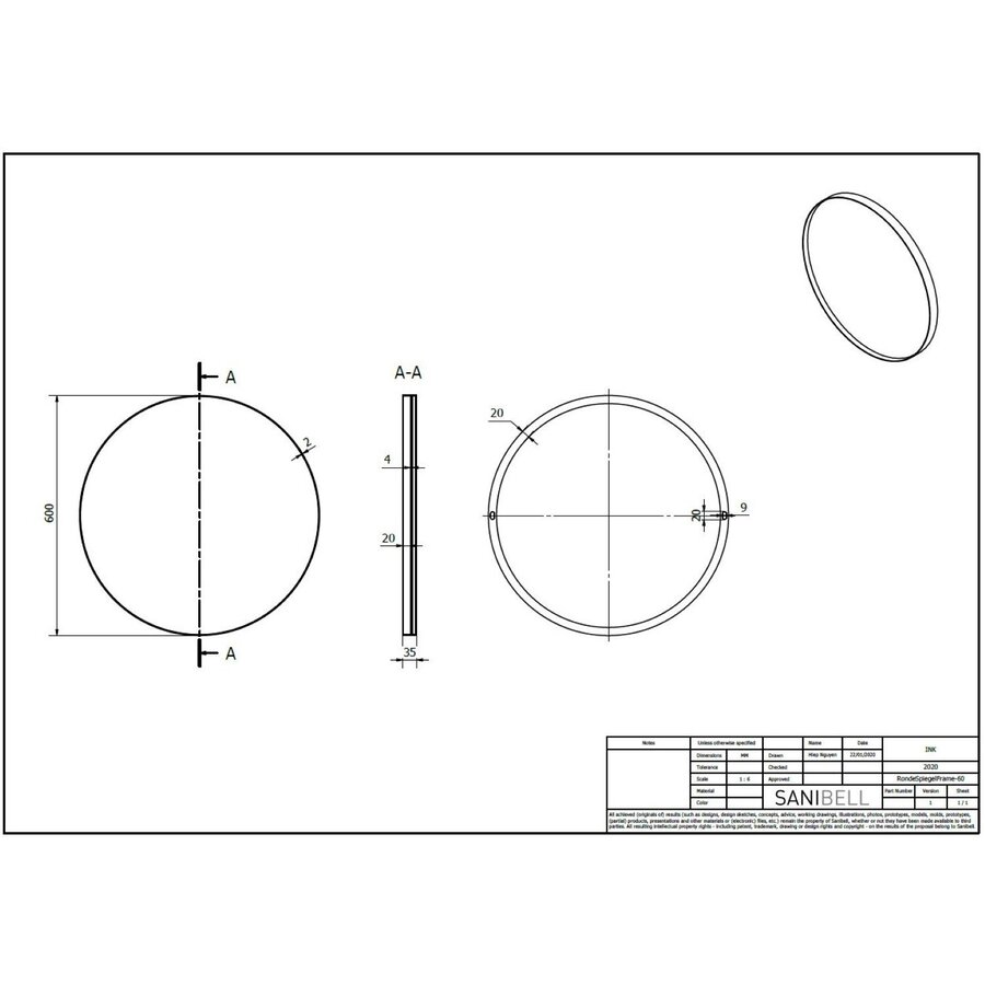 Ink Spiegel Rond Geborsteld Koper Aluminium Kader 60 x 3,5 cm