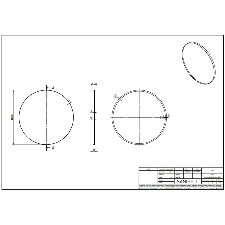 Ink Spiegel Rond Geborsteld RVS Aluminium Kader 100 x 3,5 cm