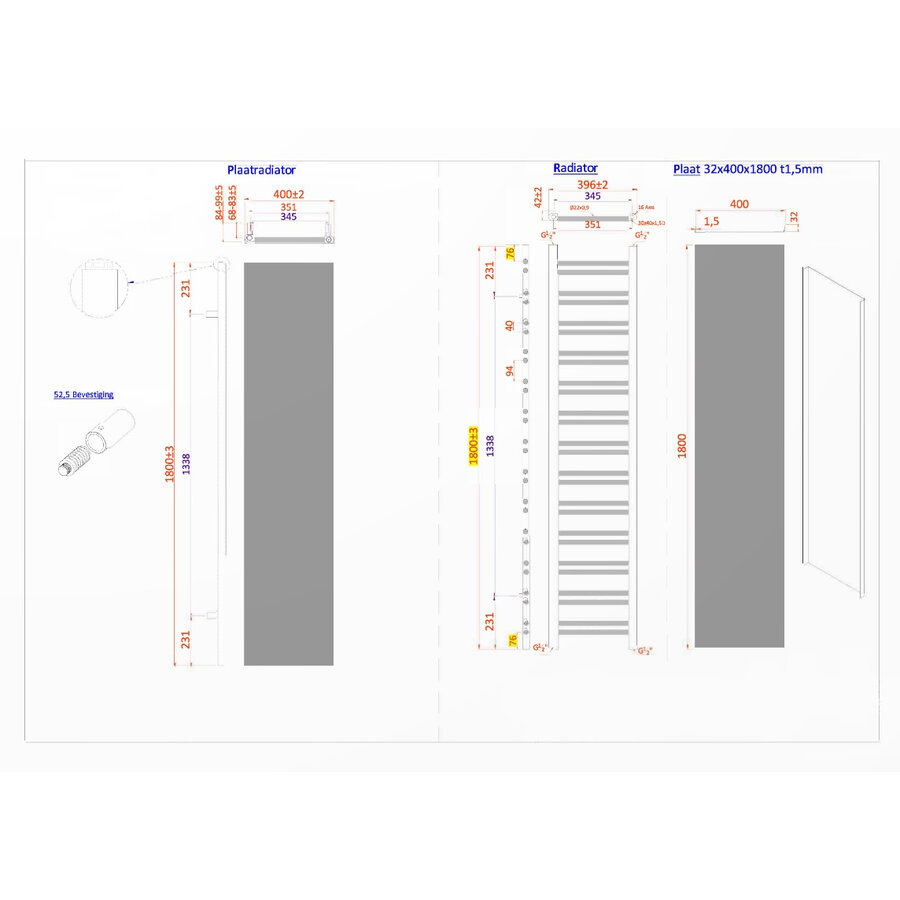 Radiator Sanicare Denso 180 x 40 cm. Mat Zwart Met Thermostaat Chroom Linksonder