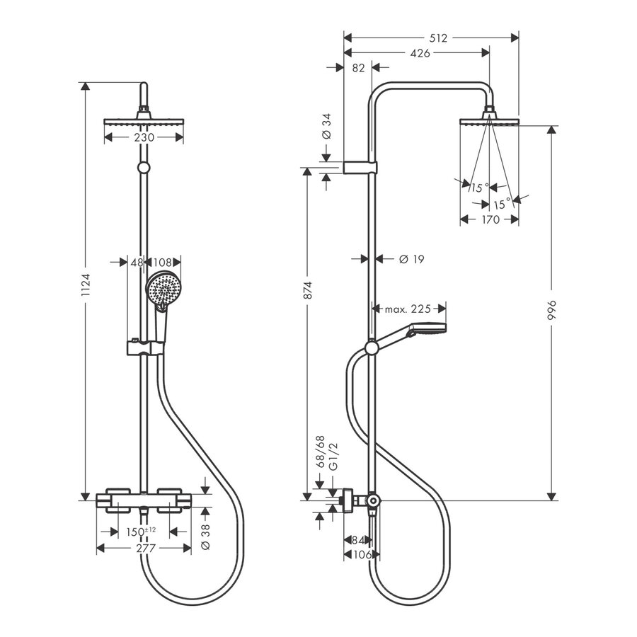 Regendouche set HansGrohe Vernis Shape Showerpipe 230 1 Jet met Douchethermostaat Mat Zwart