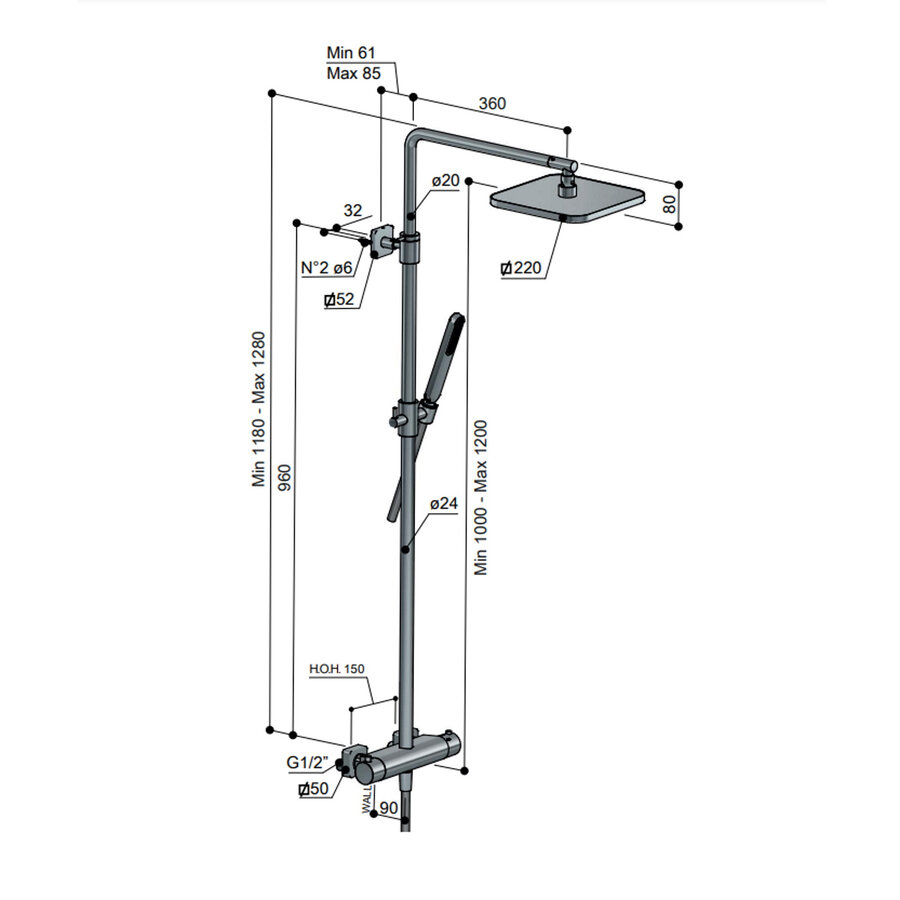 Thermostatische Stortdoucheset Hotbath Gal 128 cm Met Hoofddouche 40 cm Geborsteld Gunmetal PVD