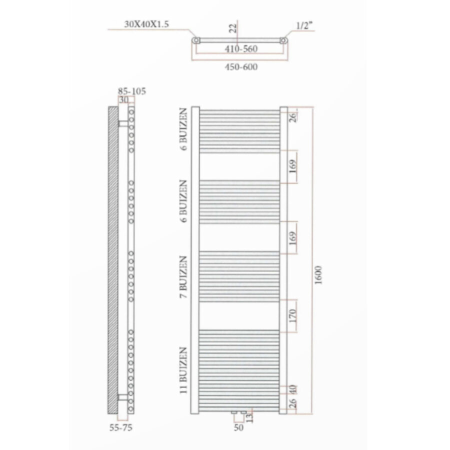 Sanicare design radiator midden aansluiting recht 160 x 45 cm. Gunmetal