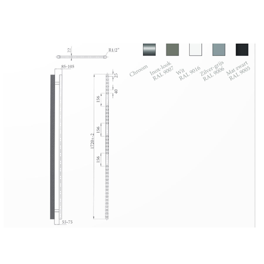 Radiator Sanicare Snode Met Wifi 172 x 60 cm Zilver Grijs Met Thermostaat Zwart