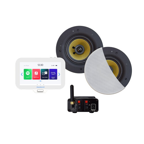 Badkamerradio Aquasound N-Joy Connect,  Controller (IPX7) + Wand Lader + Samba Speakerset Wit+ Bluetooth Versterker / 50 WATT / 230V/12V 
