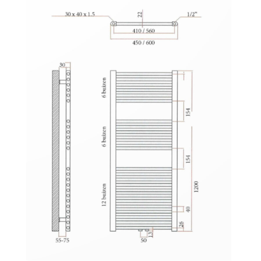 Sanicare design radiator midden aansluiting recht 120 x 60 cm. Gunmetal