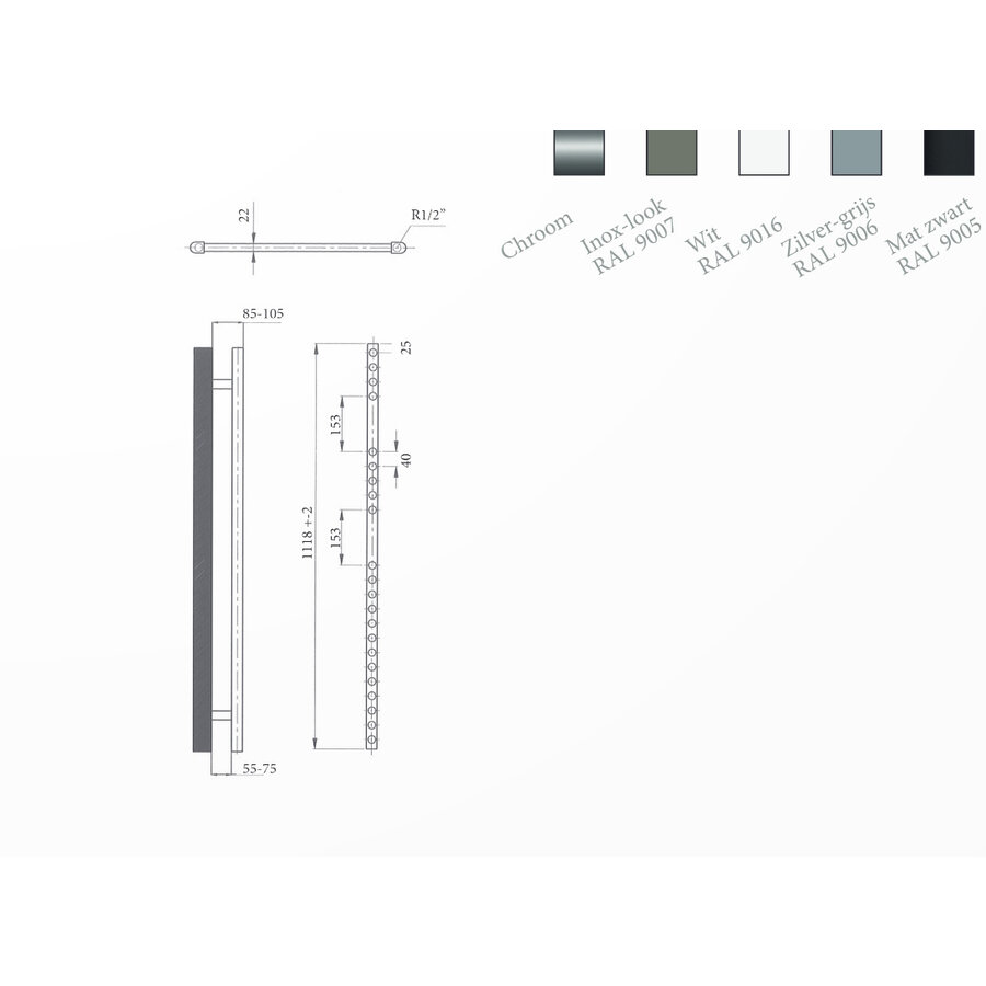 Radiator Sanicare Snode Met Wifi 111,8 x 60 cm Gunmetal Met Thermostaat Chroom