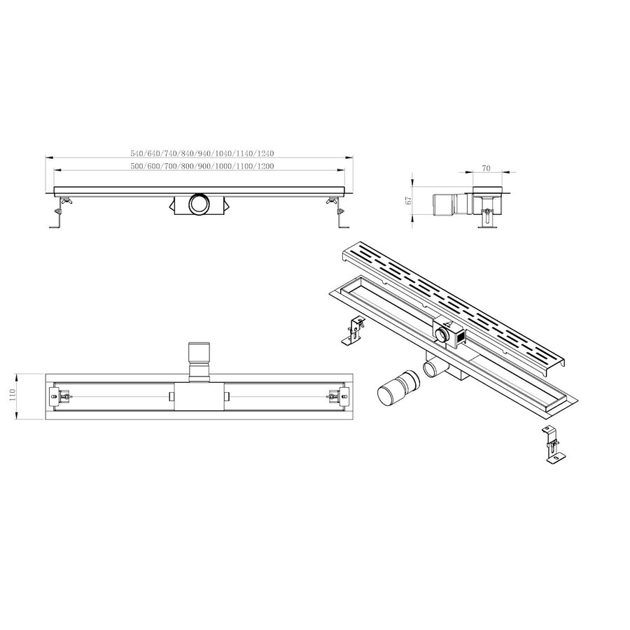 RVS douchegoot+flens met tegelrooster 110x7