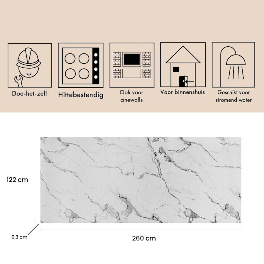 Wandpaneel Isodeco Nero Marquina 120x260 cm Waterbestendig Hoogglans Carrara Black (Prijs per Plaat)