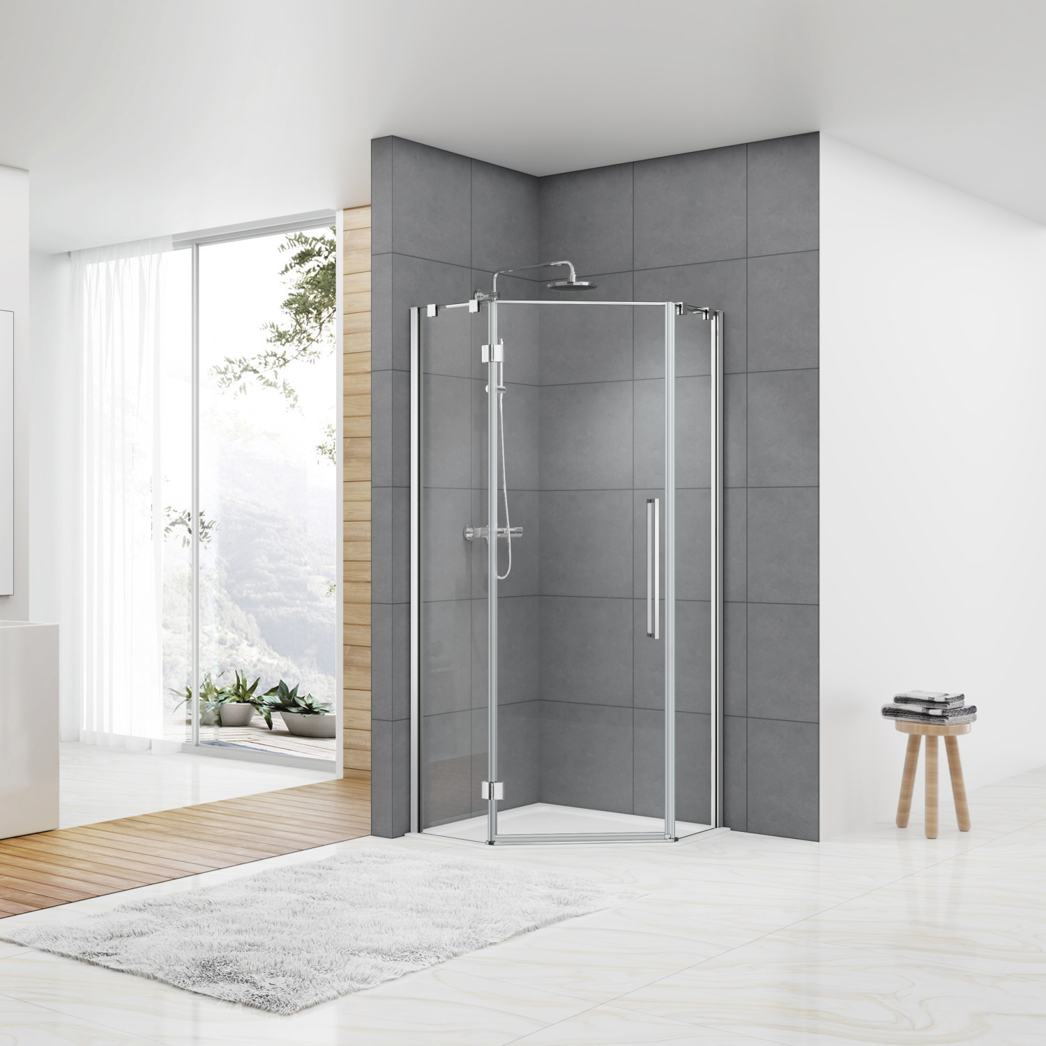 Douchecabine Van Rijn ST05 Vijfhoek 100x200 cm 8 mm Helder Glas Aluminium Chroom van Rijn