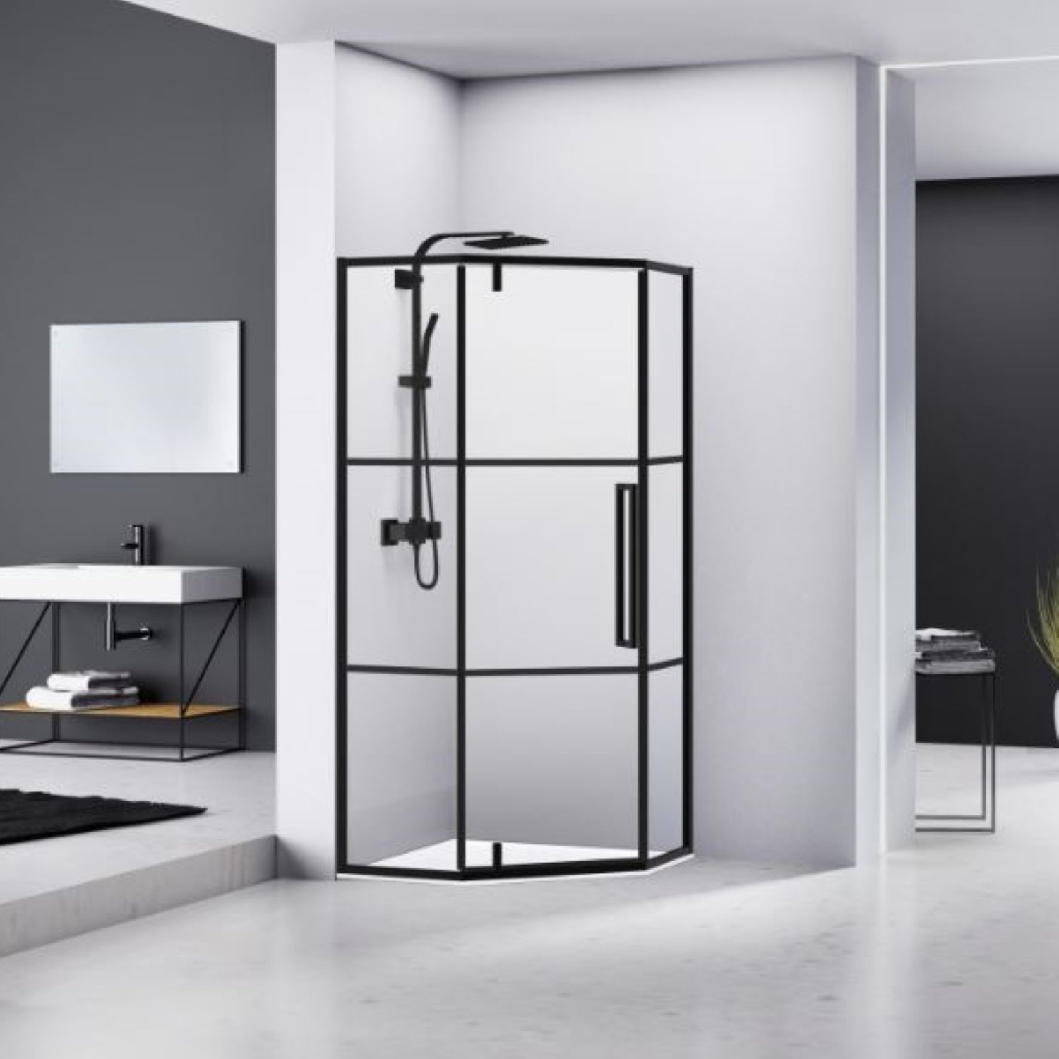 Douchecabine Van Rijn Vijfhoek Aluminium Zwart 90x200 Dubbelzijdige Nanocoating 6 mm Helder Glas van Rijn