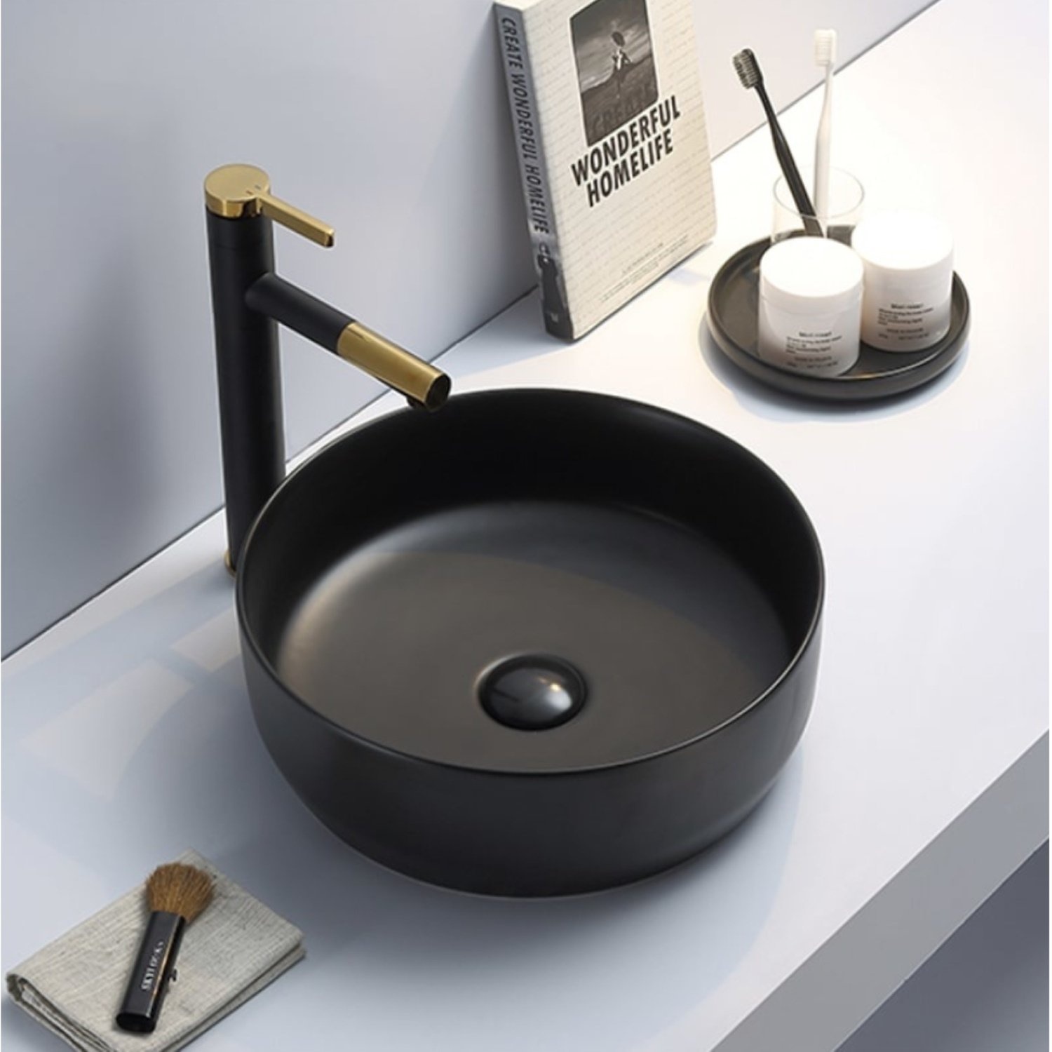 Waskom Sanilux Victoria Color Line Rond 39 cm Inclusief Click Waste Mat Zwart Sanilux