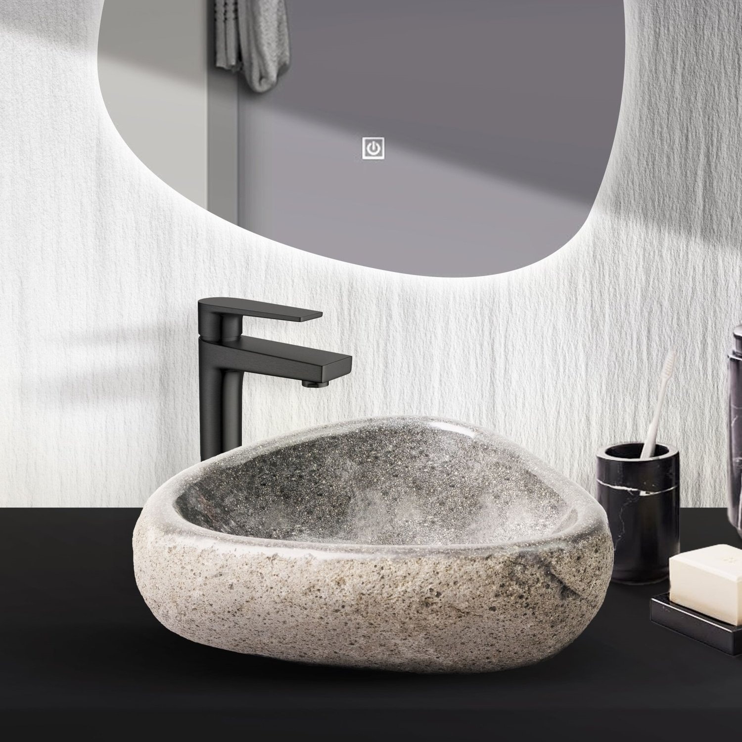 Waskom BWS Stone Ovaal 30-35x15x1,5 cm Riviersteen Dunne Rand Grijs BWS