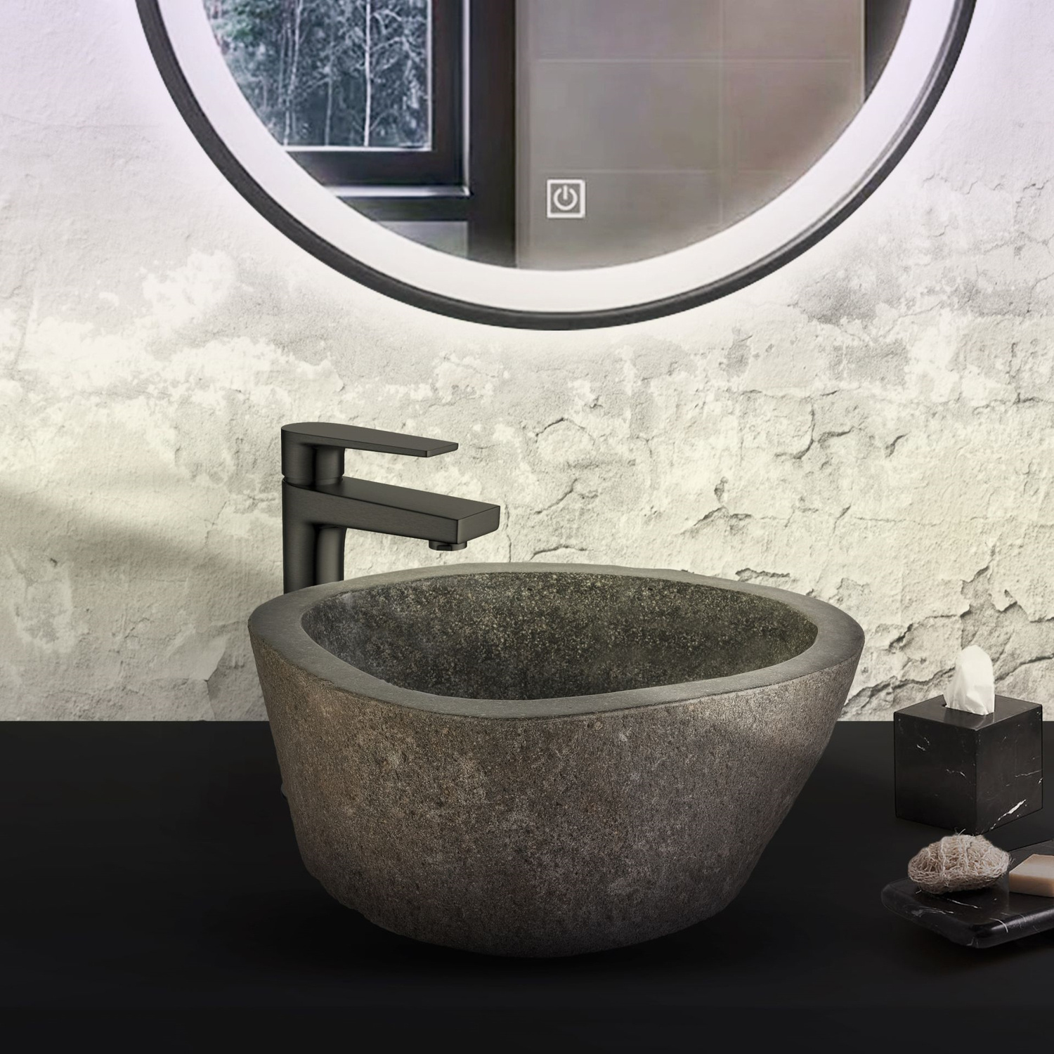 Waskom BWS Stone Ovaal 35x15x3 cm Riviersteen Grijs BWS