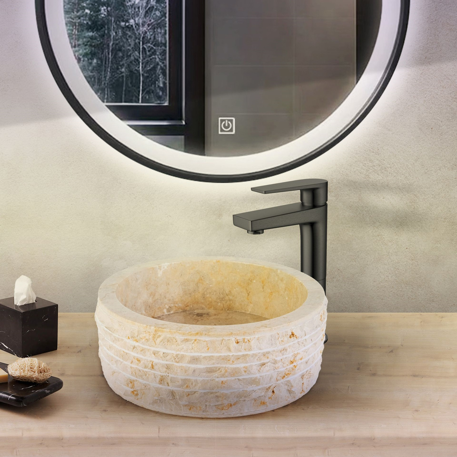 Waskom BWS Stone Rond 40x40x15 cm Gepolijste Binnenzijde Natuursteen Creme BWS