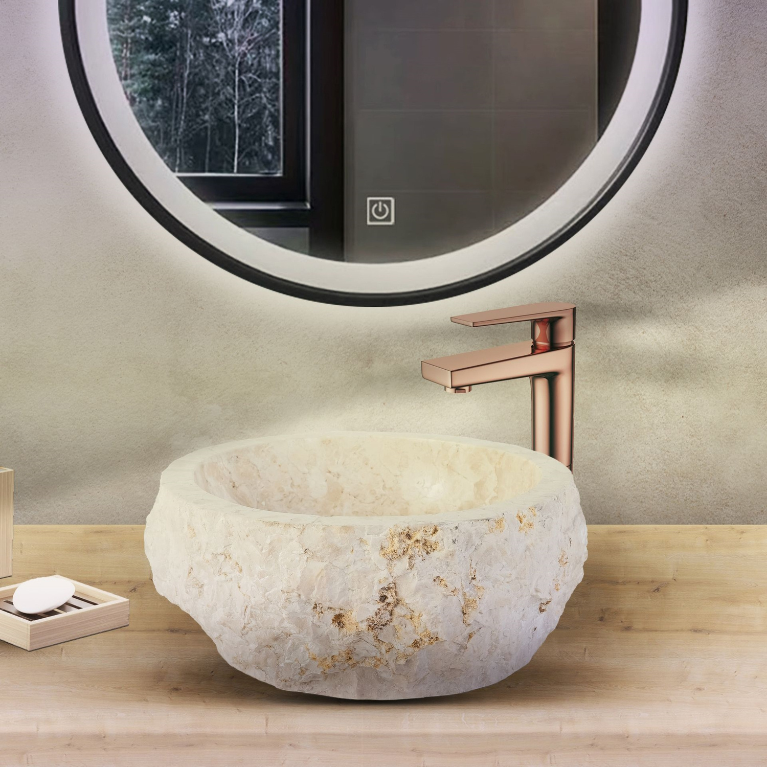 Waskom BWS Stone Rond 30-35x30-35x15 cm Natuurmarmer Creme BWS