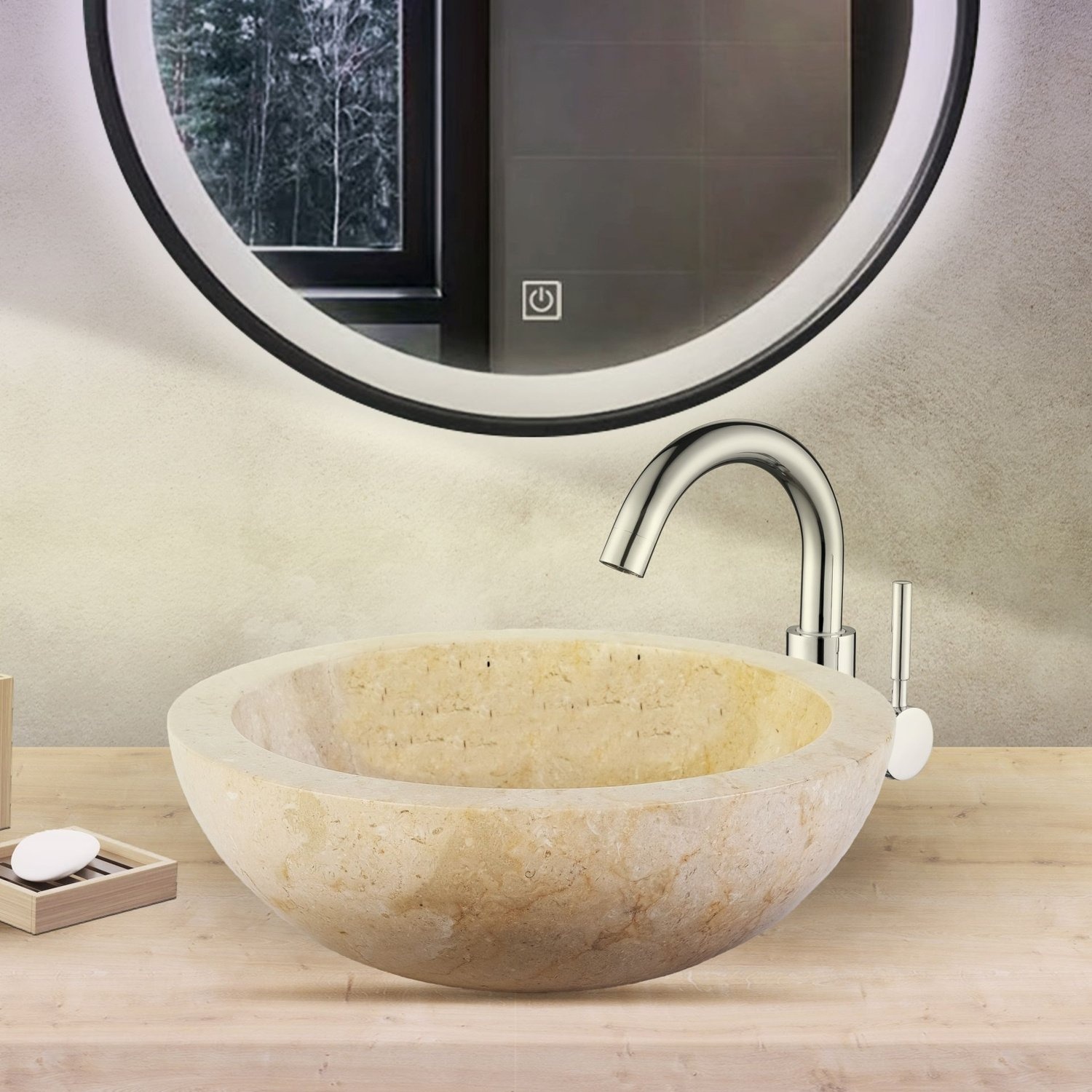 Waskom BWS Stone Rond 35x35x12 cm Gepolijst Natuursteen Creme BWS