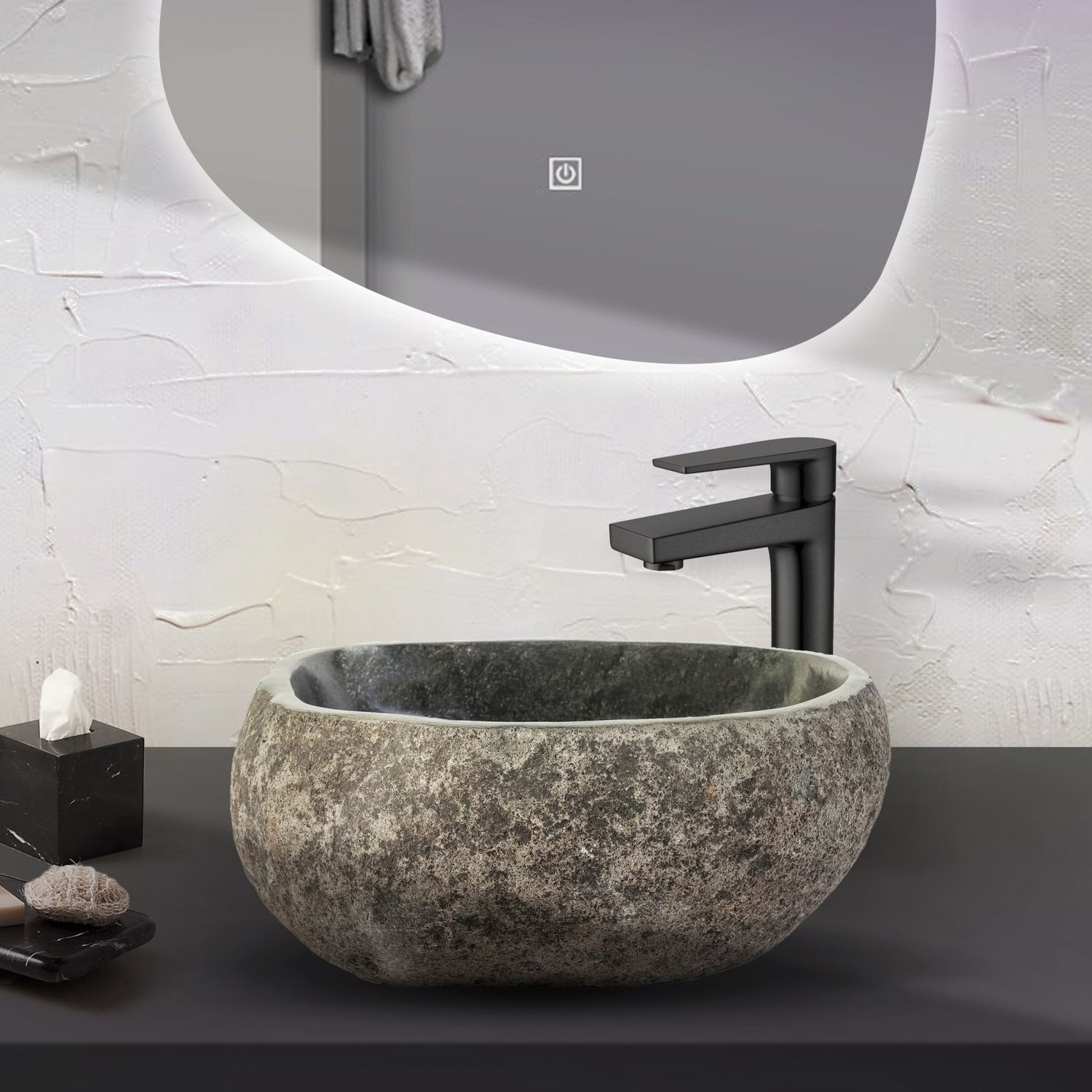 Waskom BWS Stone Rond 35x15x12 cm Riviersteen Grijs BWS