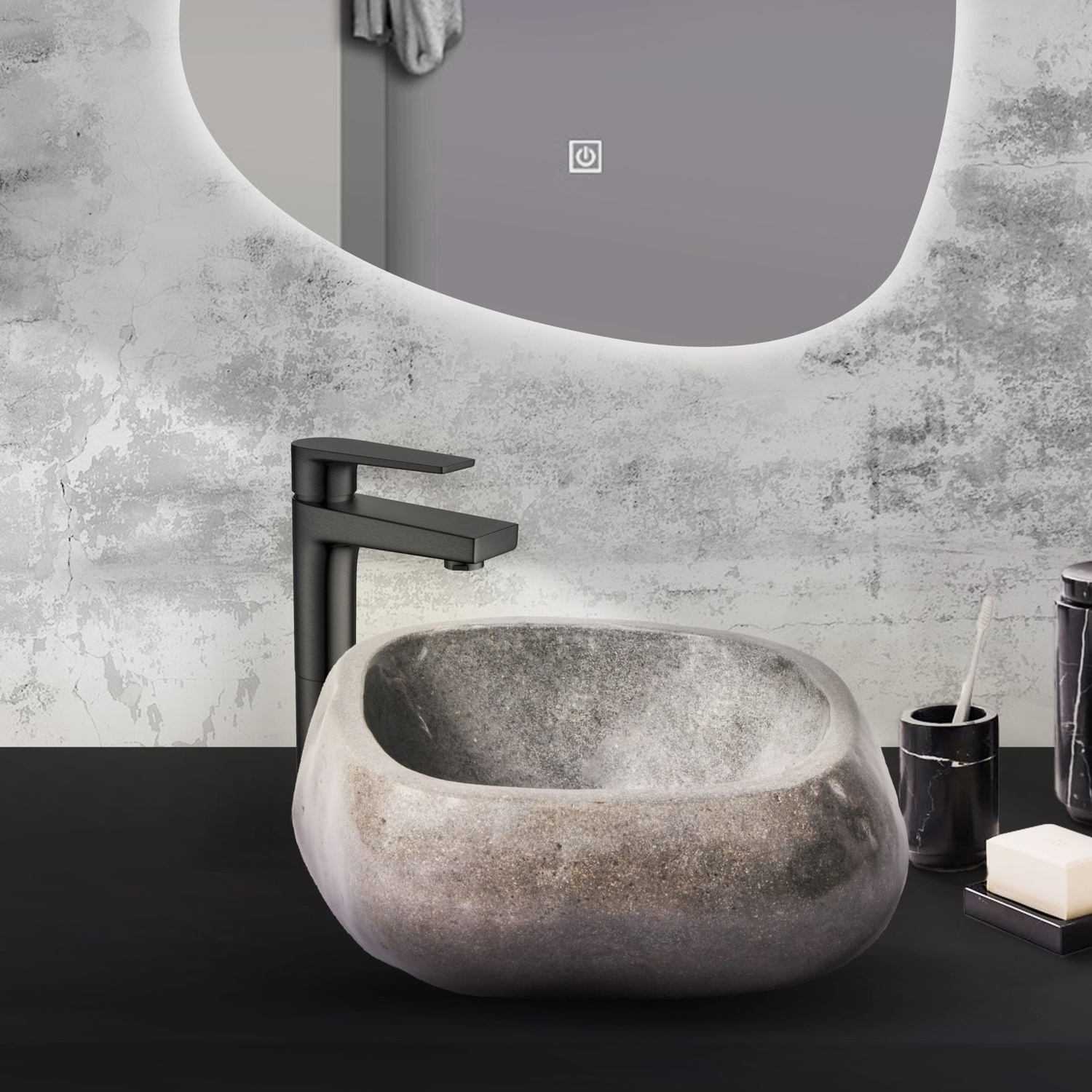 Waskom BWS Stone Rond 30-35x15x1,5 cm Gepolijst Riviersteen Grijs BWS