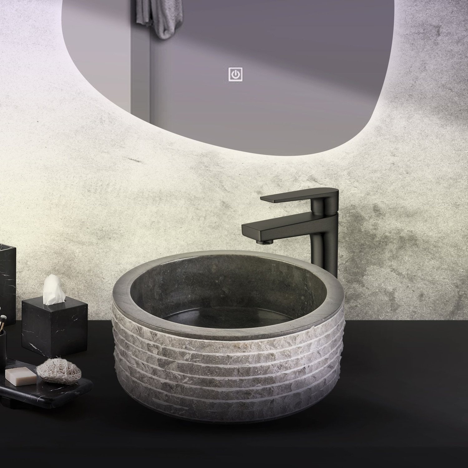 Waskom BWS Stone Rond 40x40x15 cm Met Gepolijste Binnenzijde Grijs BWS