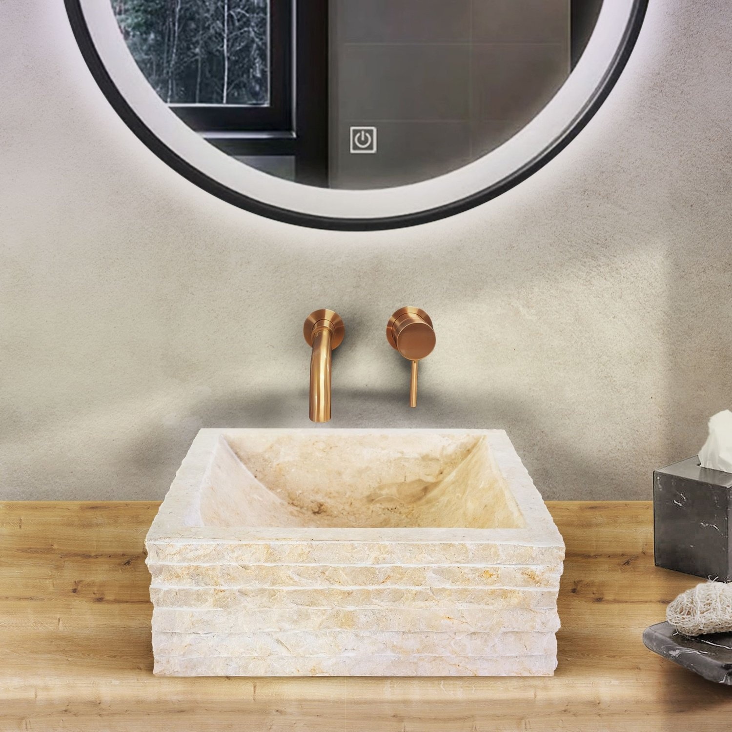 Waskom BWS Stone Vierkant 40x40x15 cm Natuursteen Creme BWS