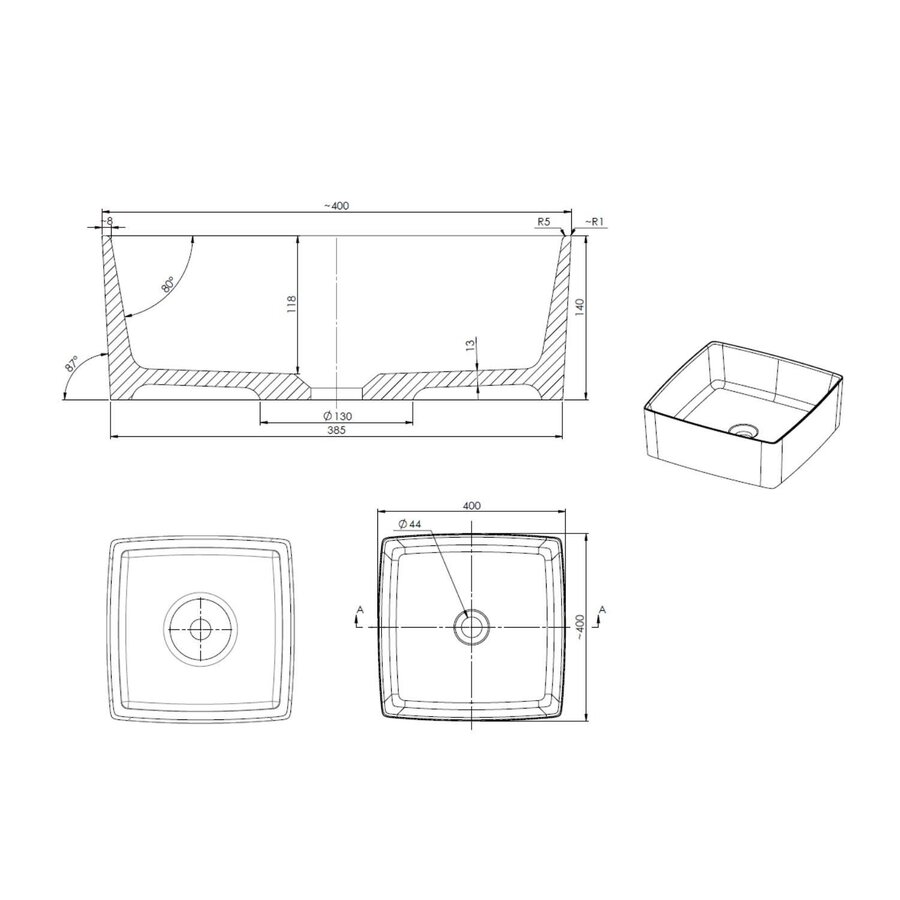 Waskom Opbouw Sapho Crox Vierkant 40x40x14 cm Marmer Wit