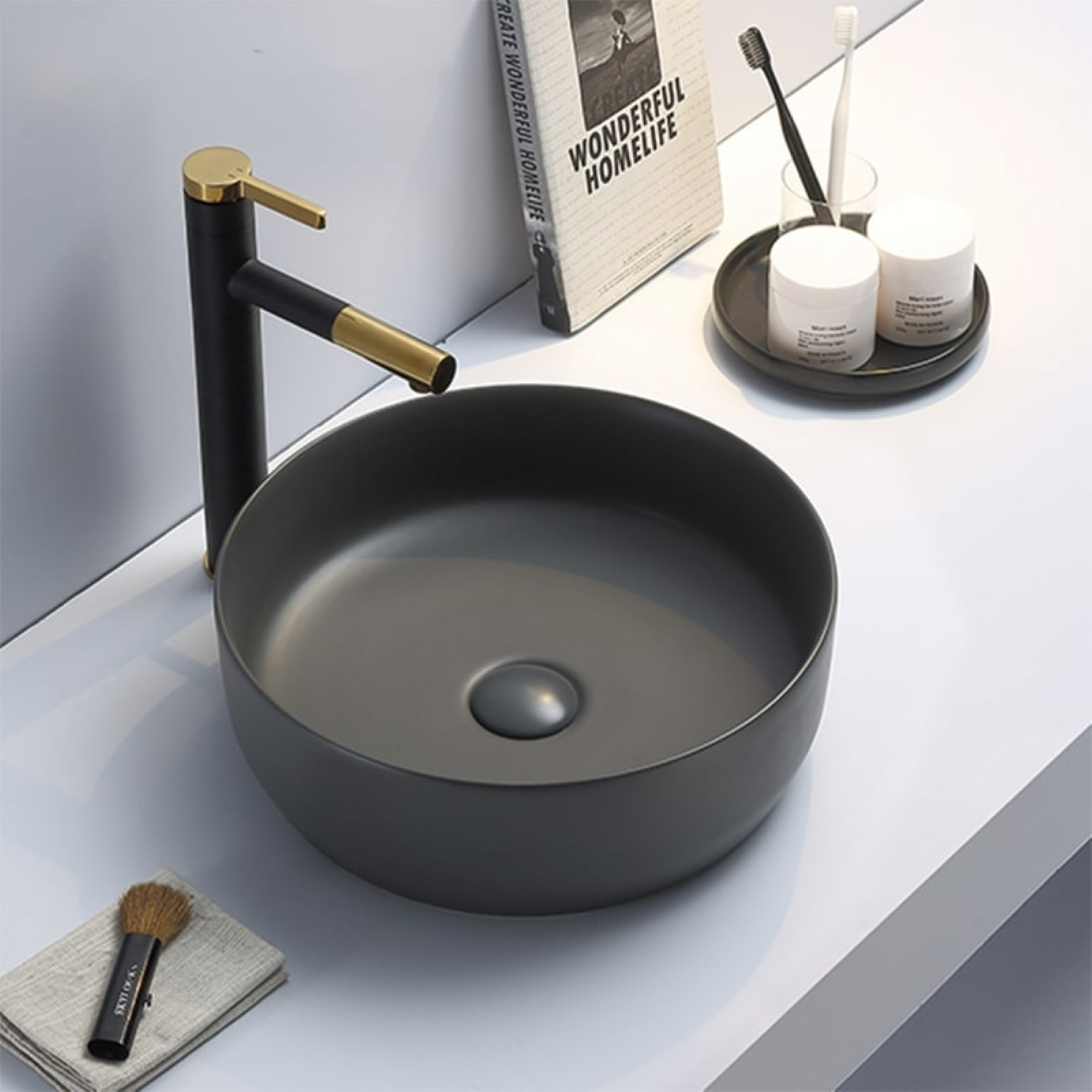 Waskom Sanilux Victoria Color Line Rond 39 cm Inclusief Click Waste Mat Antraciet Sanilux