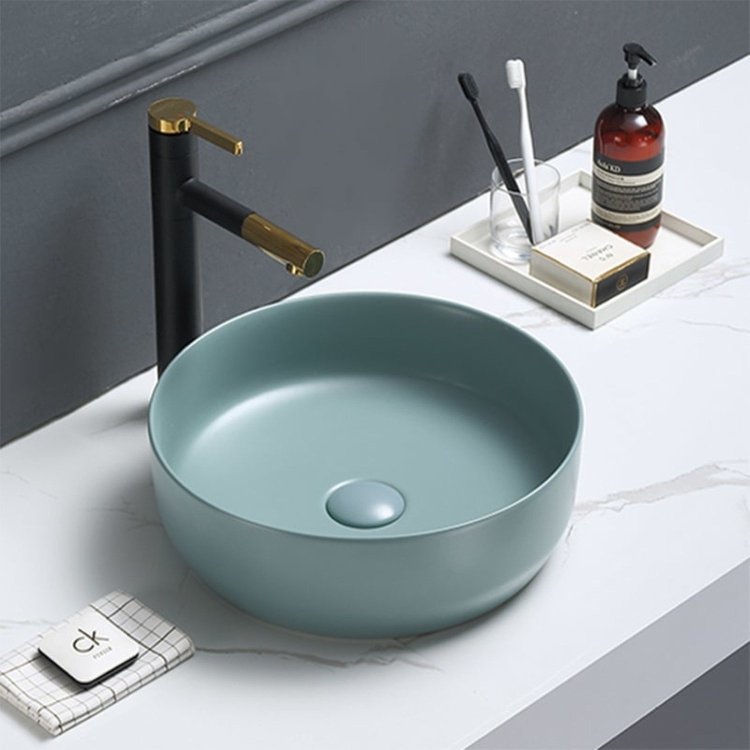Waskom Sanilux Victoria Color Line Rond 39 cm Inclusief Click Waste Mat Fjord Groen Sanilux