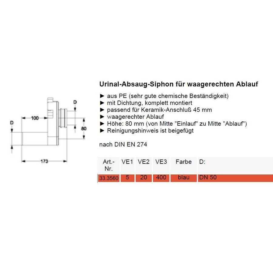 Urinoir-sifon afvoer horizontaal