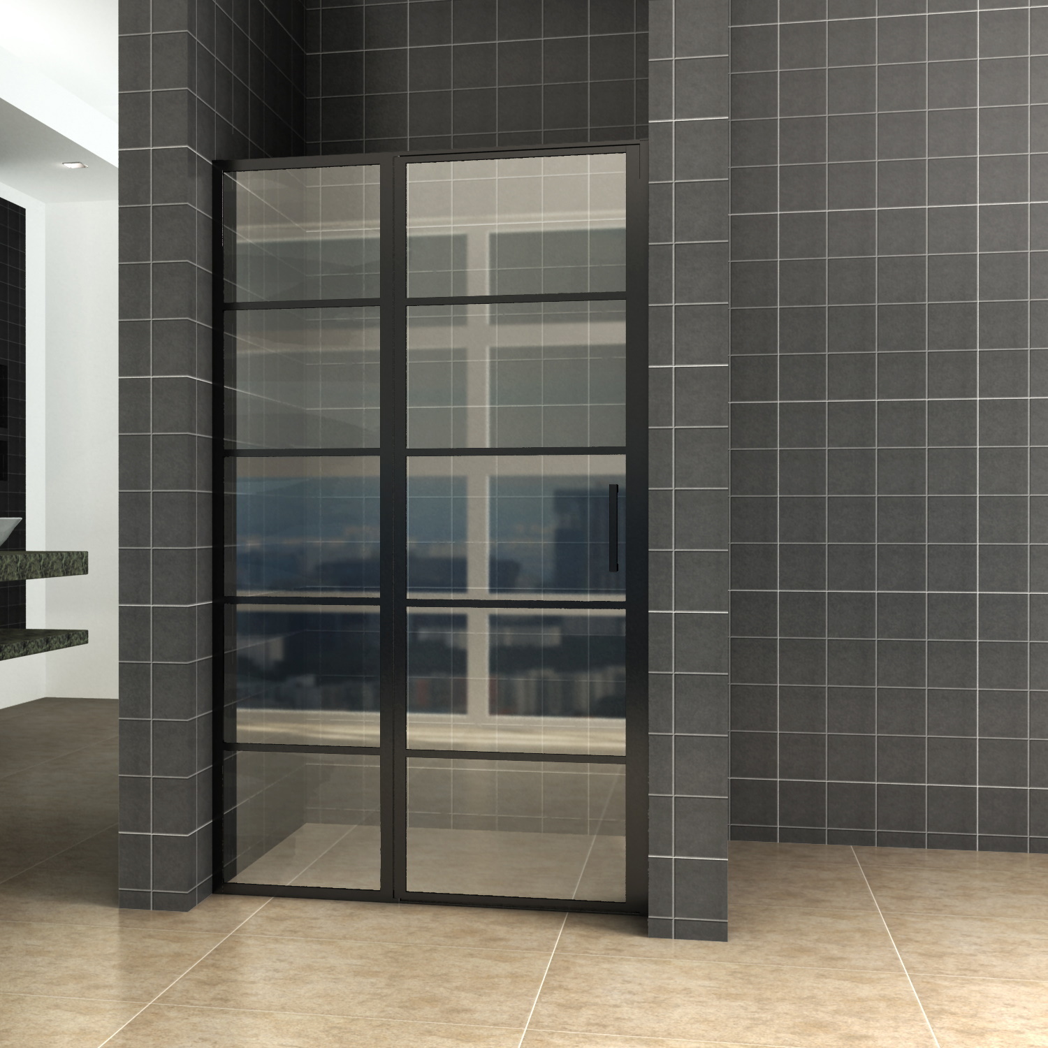 BWS Nisdeur INDUS met Vast Paneel 140x200 cm 8 mm NANO Glas Omkeerbaar Mat Zwart Boss & Wessing