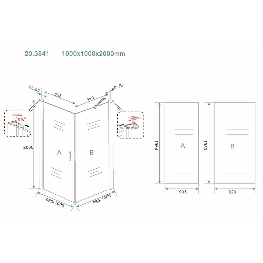 Swingdeur + Zijwand Uni 1000X1000X2000 Chroom 8Mm Nano