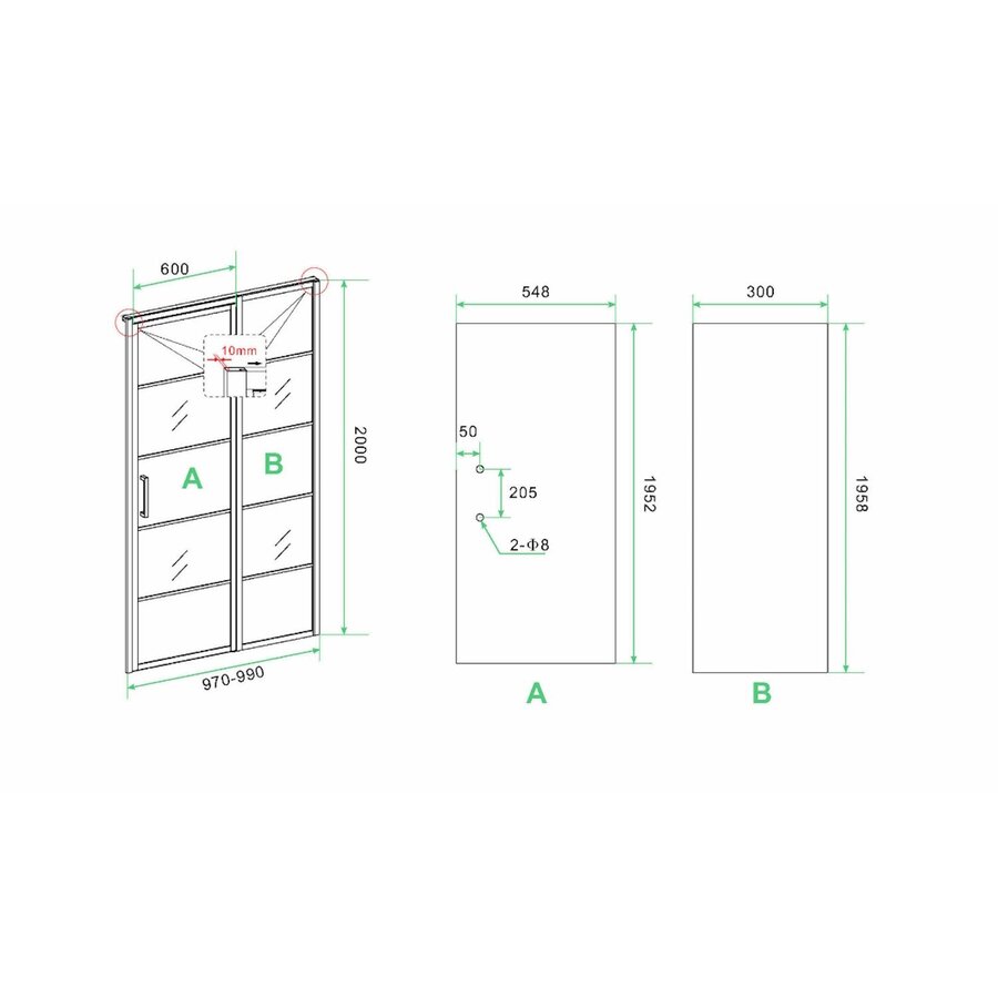 Nisdeur Horizon met Vast Paneel 100x200 cm 8 mm NANO Mat Zwart