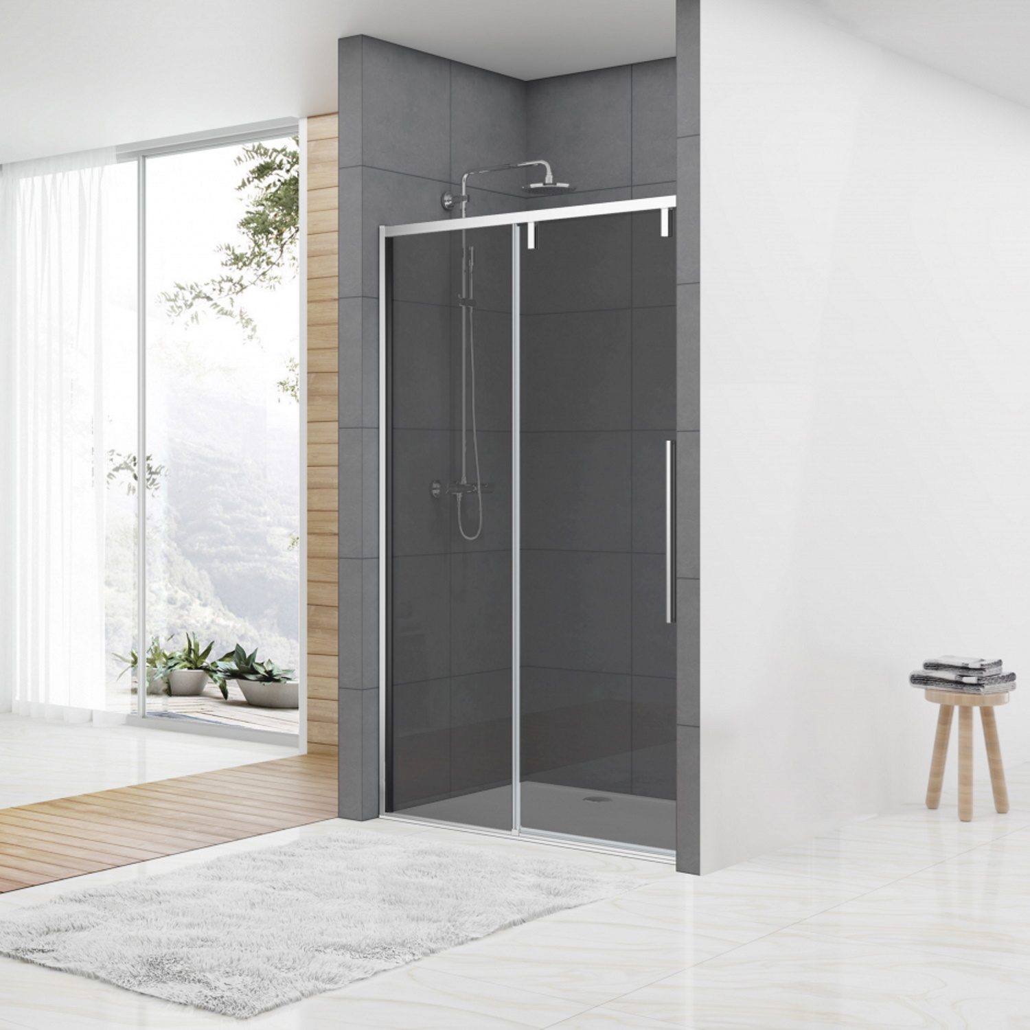 Nisdeur Van Rijn ST06 Schuifdeur Met Vaste Wand Rookglas 160x200 cm 8 mm Soft Close Chroom van Rijn