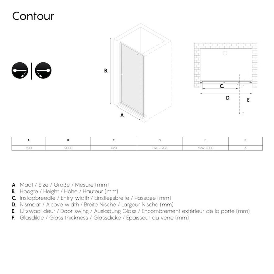 Sealskin Get Wet Contour Nisdeur 90x200 cm 6mm Helderglas RVS