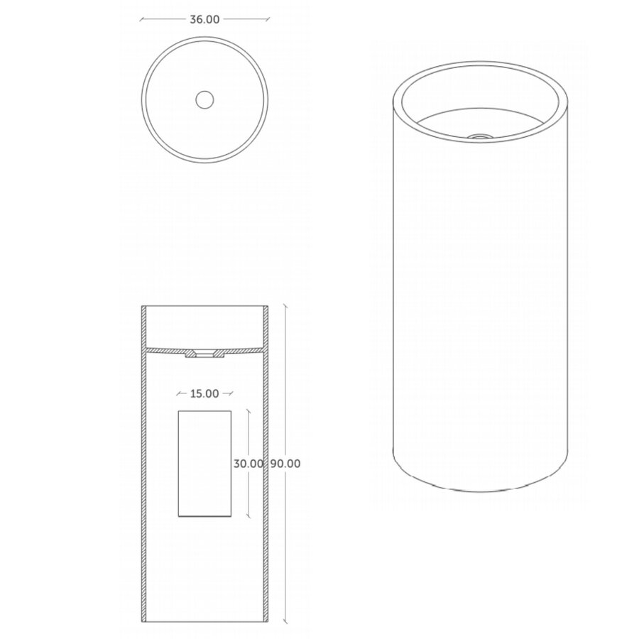 Wastafel Vrijstaand Crosstone Wendy 36x36x90 cm Solid Surface Rond Mat Wit