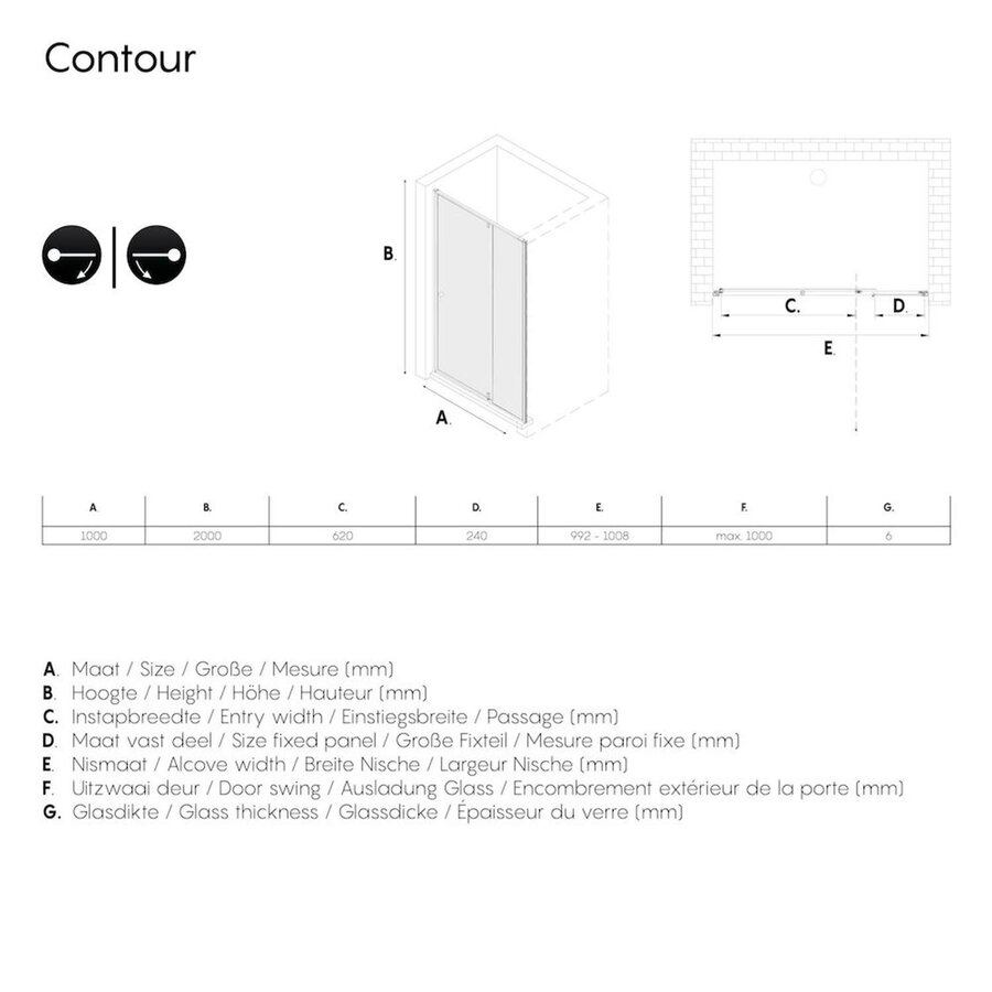 Sealskin Get Wet Contour Nisdeur 100x200 cm 6mm Helderglas RVS