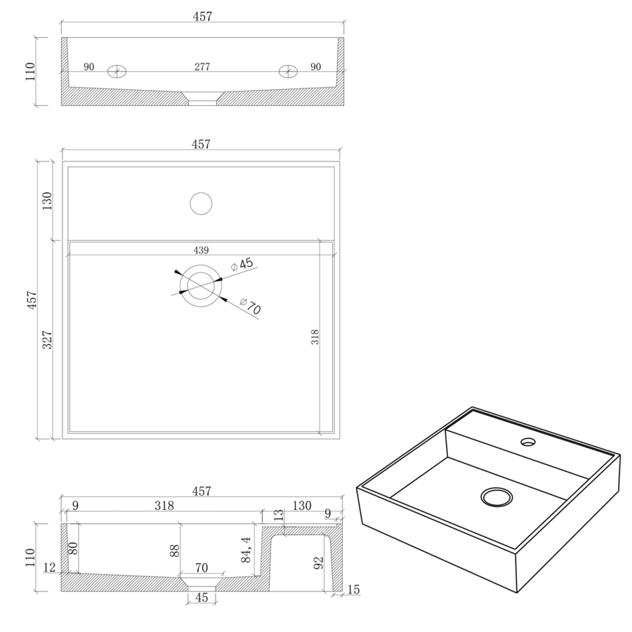 Wastafel Sapho Quadrado 46x46 cm Wit