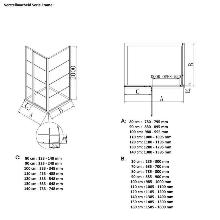 AQS Inloopdouche Frame 90x200 cm 8mm NANO Glas Mat Groen Raster