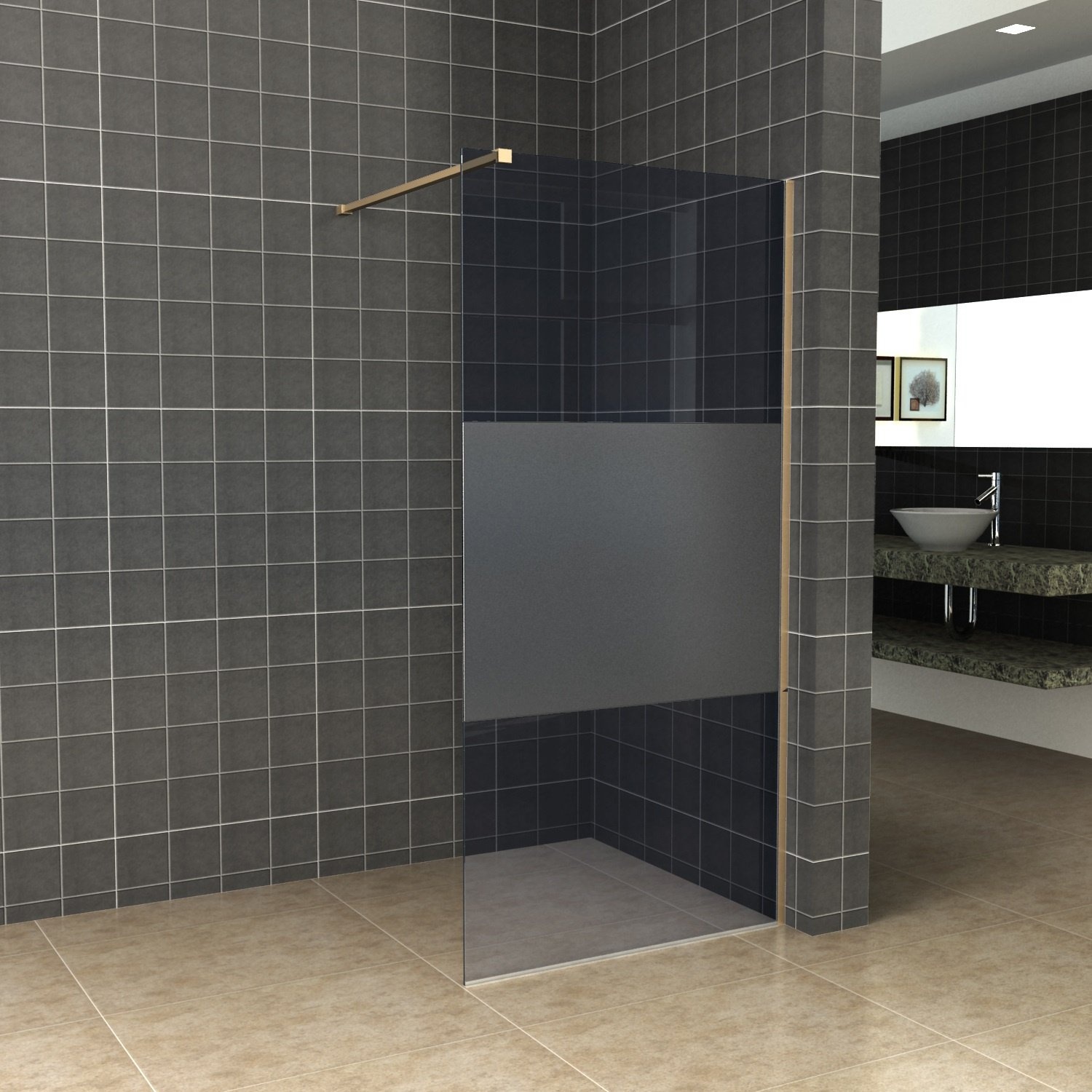 Aqua Splash AQS Inloopdouche Pro Line Rookglas met Middenband 8 mm Nano Coating Geborsteld Messing Goud Profiel en Stang - Proline 90x200 cm Messing