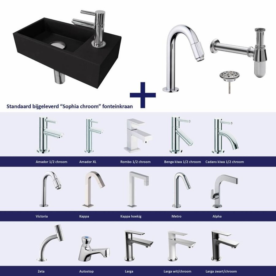 Fonteinset Versus Rechts Zwart Chroom (Keuze Uit 20 Kranen)