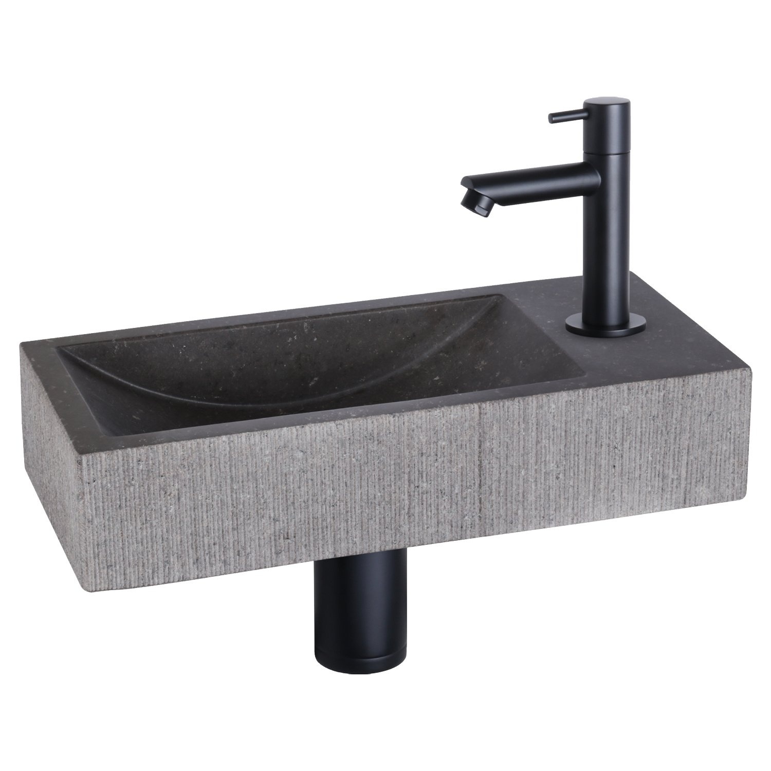 Fonteinset Differnz Ribble Natuursteen 38x18x8 cm Zwart Met Rechte Kraan Mat Zwart Differnz