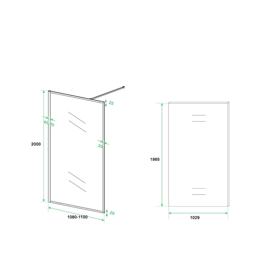 Inloopdouche Aqua Splash Vidrios 110x200 cm 10 mm Met Stabilisatiestang NANO Mat Zwart