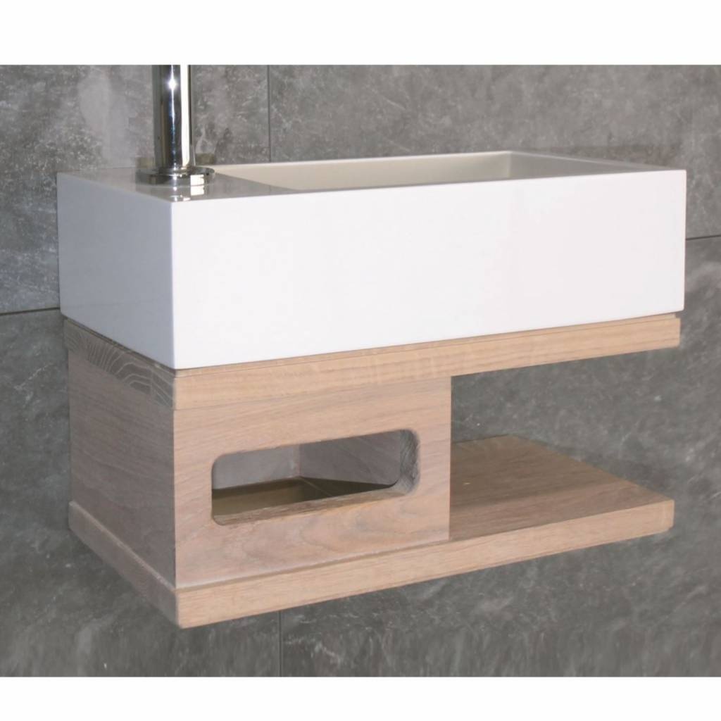 Luca Sanitair Fonteintafel Met Open Schap Massief Eiken 35X18,5 cm Glans Of Mat Wit - Solid Surface Zonder Kraangat Mat Wit