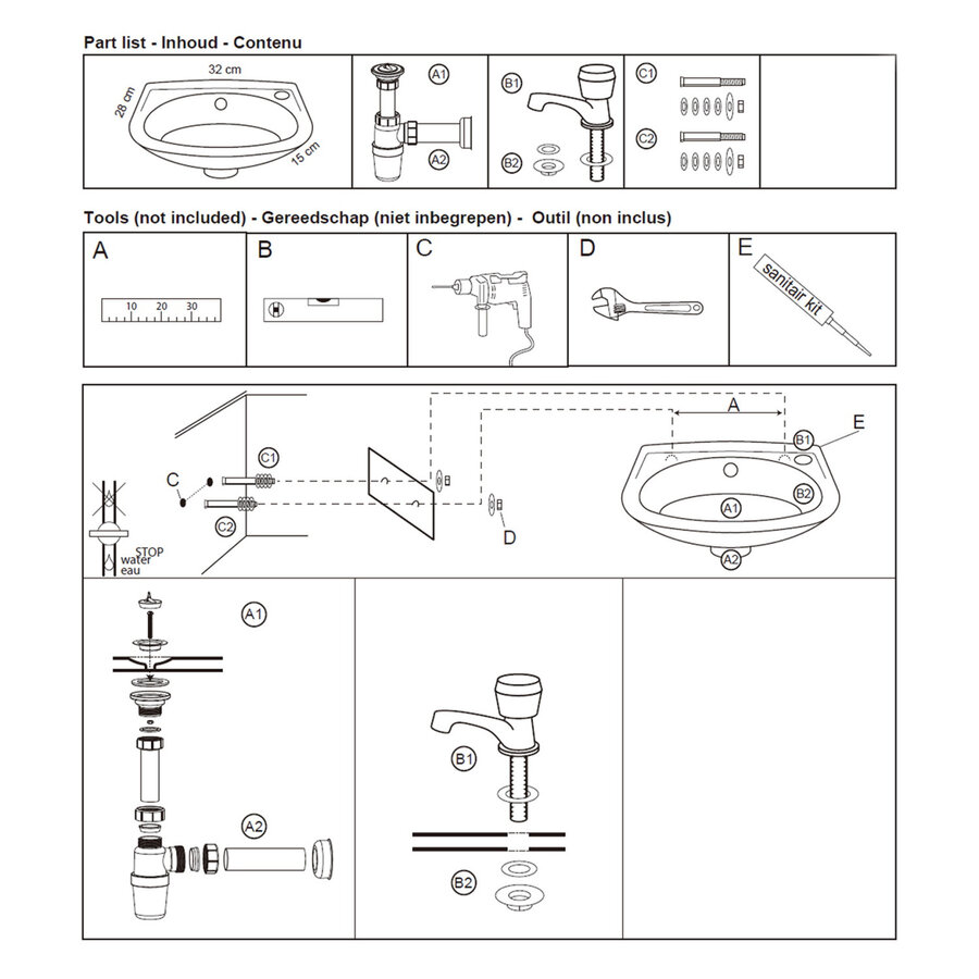 Fonteinset Differnz Gaia 32x28x15cm Wit Met Kraan en Sifon