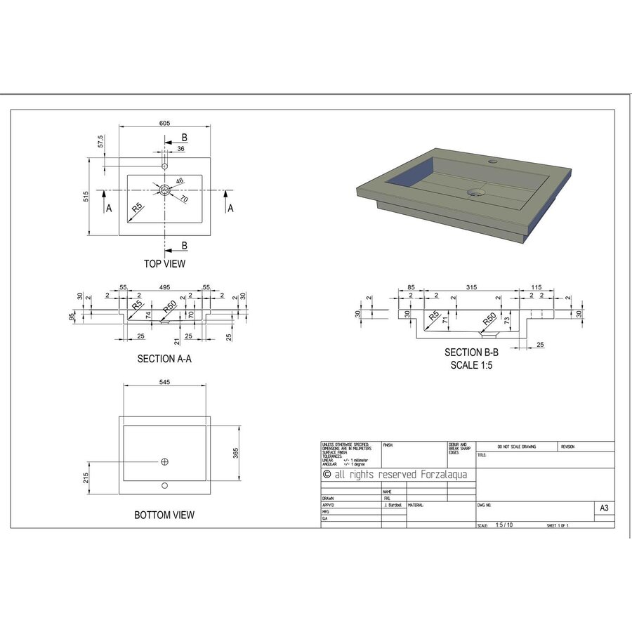 Wastafel Forzalaqua Helsinki Hardsteen Gefrijnd Met Kraangat 60,5x51,5x9,5 cm