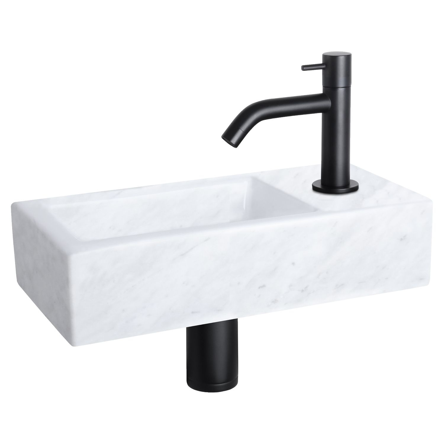 Fonteinset Differnz Helios 37.5x18.5x9.5 cm Marmer Wit Met Gebogen Kraan Mat Zwart Differnz